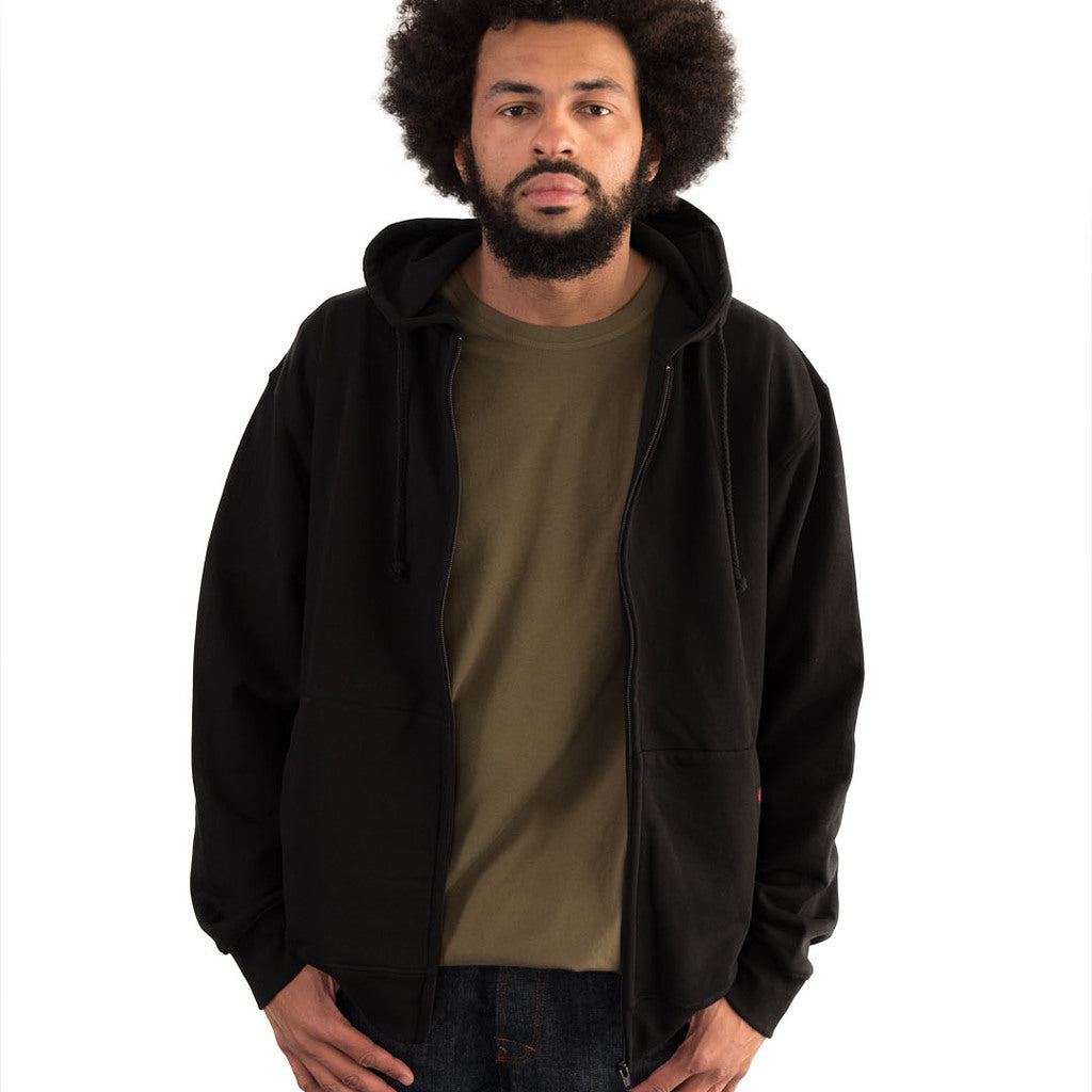 Etiko black unisex hoodie made from organic cotton with a zip opening at front